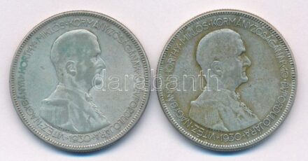 1930. 5P Ag 'Horthy jobbra' (2x) T:2-,3 patina Adamo P8