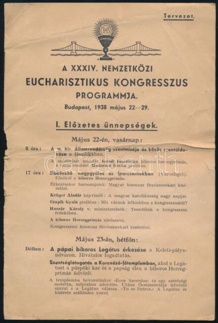 1938 Bp., XXXIV. Nemzetközi Eucharisztikus Kongresszus programja, tervezet, szélén szakadások