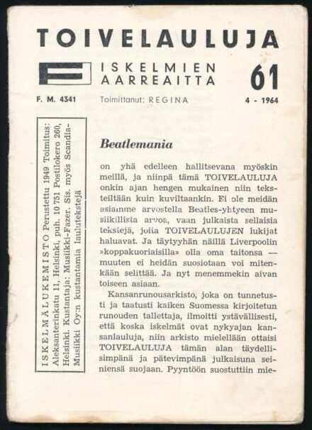 1964 Toivelauluja. Finn nyelvű dalgyűjtemény, benne fekete-fehér fotókkal, rajta The Rolling Stones, The Beatles. Borító nélkül.
