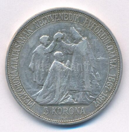 1907KB 5K Ag 'Ferenc József megkoronázásának 40. évfordulója' T:2- patina, ph, kis ü. Adamo K7.1