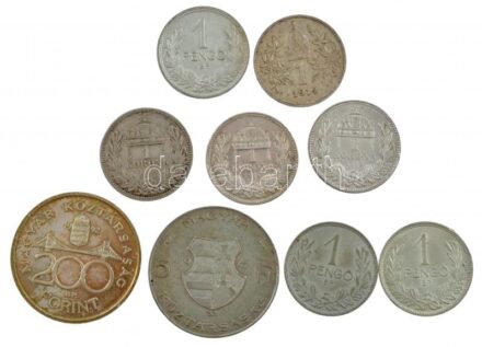 1915. 1K Ag (3x) 'Ferenc József' + 1926-1939. 1P Ag (3xklf) + 1947. 5Ft Ag 'Kossuth' + 1992. 200Ft Ag 'MNB' + Ausztria 1914. 1K Ag 'Ferenc József' T:1--2- patina, ph