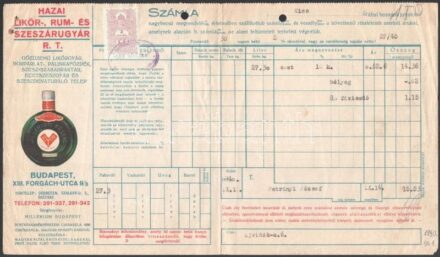 1940 Hazai Likőr-, Rum- és Szeszárugyár Rt számla, hajtott, 2 f okmánybélyeggel.