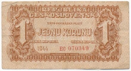 Csehszlovákia 1944. 1K 'EC 070349' T:III kis folt Czechoslovakia 1944. 1 Koruna 'EC 070349' C:F small spots Krause P#45