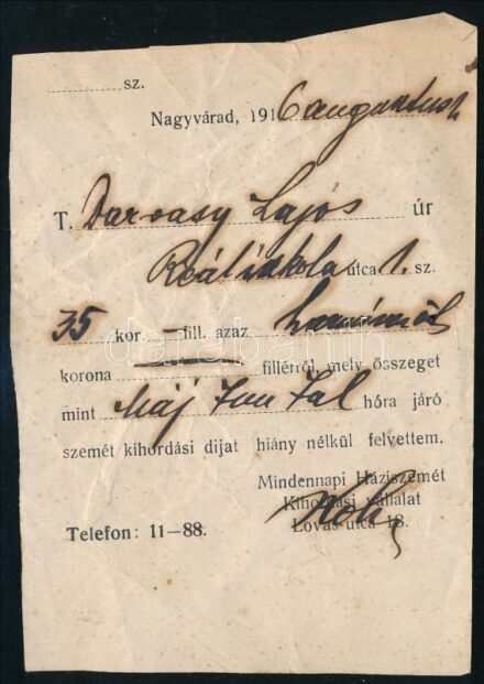 1916 Nagyvárad, szemétkihordási díj felvételéről szóló nyugta