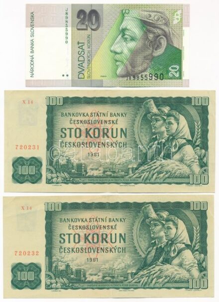 Csehszlovákia 1961. 100K 'X 14 720231-720232' sorszámkövetők + Szlovákia 2001. 20K 'J 89855990' T:III szép papír, az egyiken apró szakadás Czechoslovakia 1961. 100 Korun 'X 14 720231-720232' consecutive serials + Slovakia 2001. 20 Korun