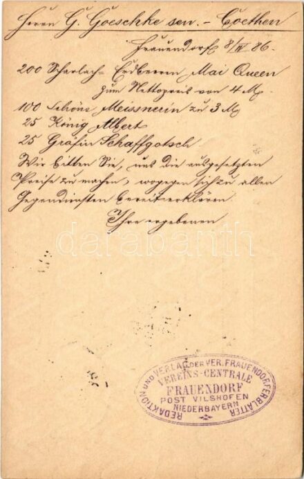 1886 (Vorläufer!!!) Frauendorf (Windorf), Redaktion und Verlag der Ver. Frauendorfblätter Vereins-Centrale Frauendorf Post Vilhofen Niederbayern / Very early postcard (cut)