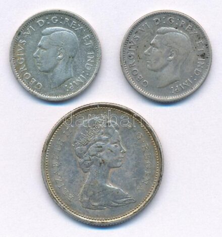 Kanada 1944-1946. 10c Ag 'VI. György' (2xklf) + 1965. 25c Ag 'II. Erzsébet' T:2-3 patina Canada 1944-1946. 10 Cents Ag 'George VI' (2xdiff) + 1965. 25 Cents Ag 'Elizabeth II' C:XF-F patina