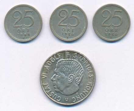 Svédország 1948-1950. 25ö Ag (3db, 2xklf) + 1967. 1Kr Ag 'VI. Gusztáv Adolf' T:2,2- Sweden 1948-1950. 25 Öre Ag (3pcs, 2xdiff) + 1967. 1 Krona Ag 'Gustav Adolf VI' C:XF,VF