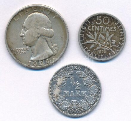 Vegyes: Amerikai Egyesült Államok 1944D 1/4$ Ag 'Washington' + Franciaország 1898. 50c Ag + Német Birodalom 1905A 1/2M Ag T:2-,3 Mixed: USA 1944D 1/4 Dollar Ag 'Washington' + France 1898. 50 Centimes Ag + German Empire1905A 1/2 Mark Ag C:VF,F