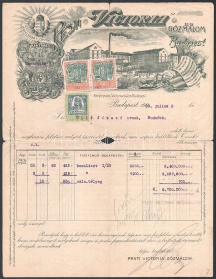 1925 Bp., Pesti Victoria Gőzmalom fejléces számlája, okmánybélyegekkel, szakadásokkal