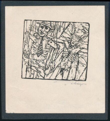 Bálványos Huba (1938-2011): Illusztráció. Linómetszet, papír kartonon, jelzett, 7.5×6.5 cm