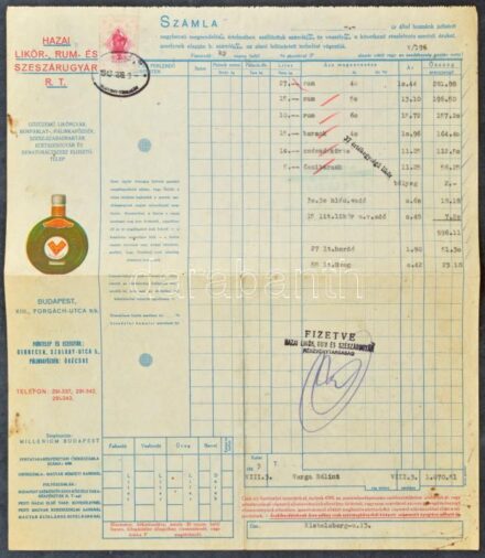 1943 Bp., Hazai Likőr-, Rum- és Szeszárugyár Rt. (Millenium Keserű) nagyméretű, litografált fejléces számlája, kissé foltos, 36x31 cm