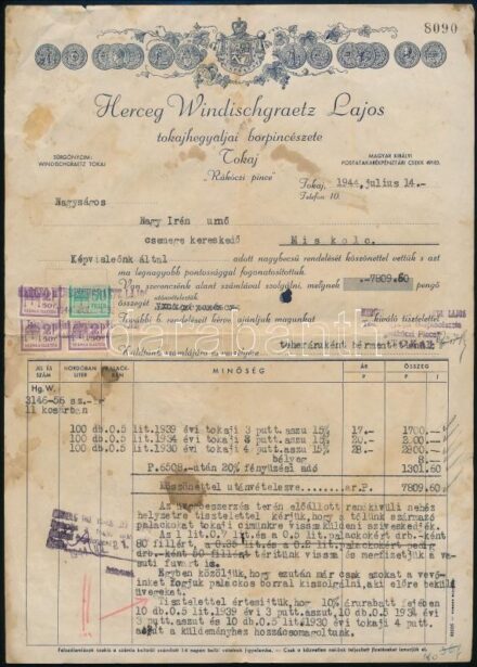 1944 Tokaj, Herceg Windischgraetz Lajos tokajhegyaljai borpincészete, 'Rákóczi pince' fejléces számlája, okmánybélyegekkel, foltos