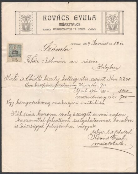 1909 Debrecen, Kovács Gyula műasztalos szecessziós fejléces számlája, 10f okmánybélyeggel