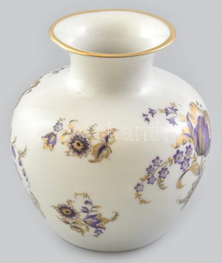 Hollóháza virágmintás, váza aranyszínű florális dekorral, matricás, jelzett,, m: 11,5 cm