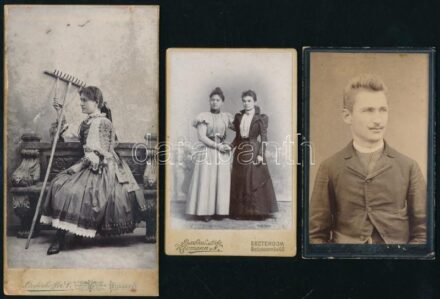 cca 1890-1900 3 db keményhátú fotó, közte népviseletes lány gereblyével, ill. Kormos János tanító portréja, különböző műtermekből (A. Petritz Cegléd, Liederhoffer Vilmos Bp., Klomann Nándor Esztergom), 10,5x6,5 cm és 15x8 cm