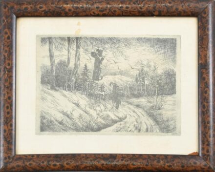 Jelzés nélkül: Kálvária. Rézkarc, papír. Üvegezett kopott fakeretben. Papíron kis folt. 12X17,5cm