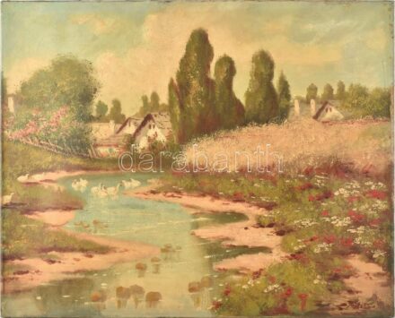Olvashatatlan jelzéssel: Pipacsos tó libákkal. Olaj, vászon. 60x75cm
