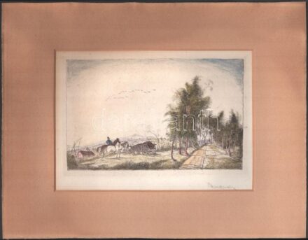Rudnay Gyula (1878-1957): Tájkép lovakkal. Rézkarc, papír, jelzett. Paszpartuban. 13,5×21,5 cm