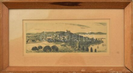 Csurgói Máté Lajos (1931-2001): Tihany. Rézkarc, papír, jelzett a karcon. Üvegezett fa keretben, 19,5x7,5 cm