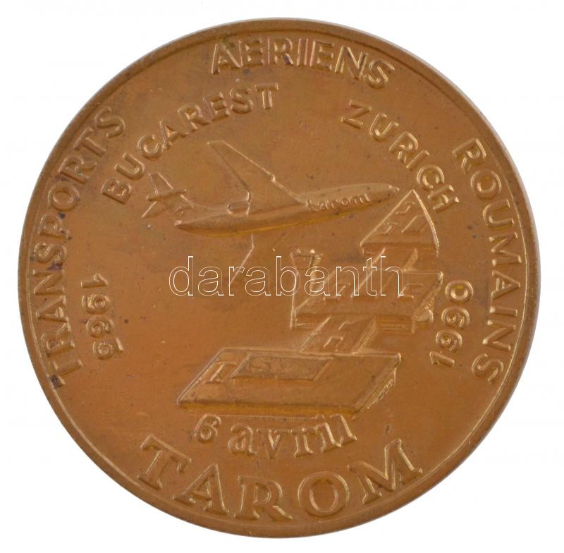 Románia 1990. '25 éves a Bukarest-Zürich közötti TAROM repülőjárat' kétoldalas Br emlékérem (50mm) T:2 patina, kis ph, karc Romania 1990. '25 Years of the Bucharest-Zürich TAROM airline' two-sided Br commemorative medallion (50mm) C:XF - Image 2