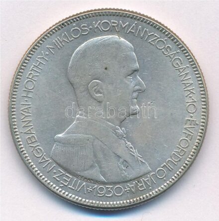 1930. 5P Ag 'Horthy jobbra' T:2- patina, ph, kis ü. Adamo P8