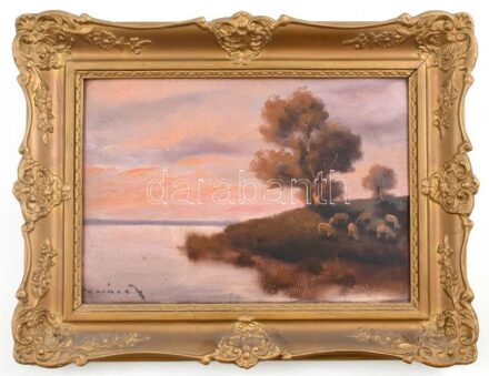 Kovács J. jelzéssel: Tóparti legelő. Olaj, karton, 24x35 cm
