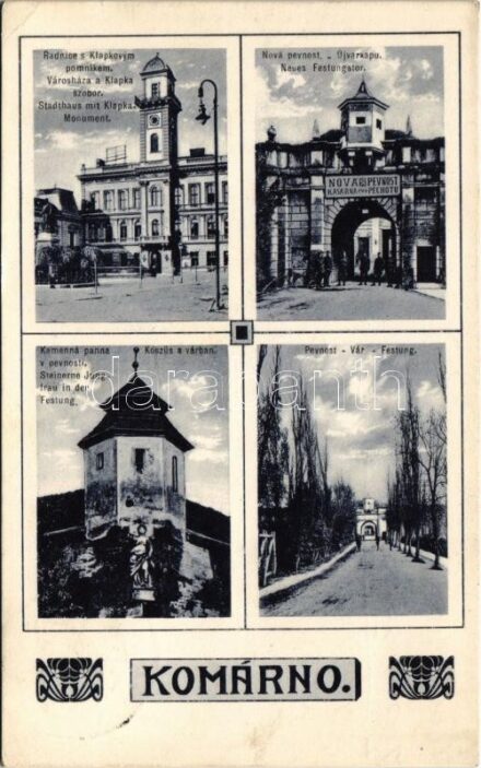 1927 Komárom, Komárnó; Városháza, Klapka szobor, Kőszűz a várban, vár, Új várkapu és gyalogsági laktanya bejárata / town hall, statue, castle, infantry barracks (EK)