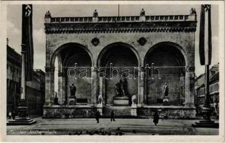1943 München, Munich; Feldherrnhalle / NSDAP German Nazi Party propaganda, Nazi memorial, SS guards, swastika flag + 'München Hauptstadt der Bewegung 20.4.1943. Unser Führer bannt den Bolschewismus' So. Stpl. (fl)