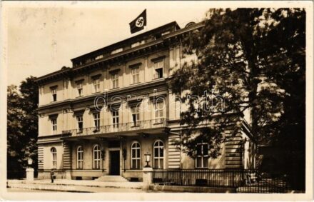 1937 München, Munich; Braunes Haus / NSDAP German Nazi Party propaganda, headquarters of the National Socialist German Workers' Party, swastika flag, guard