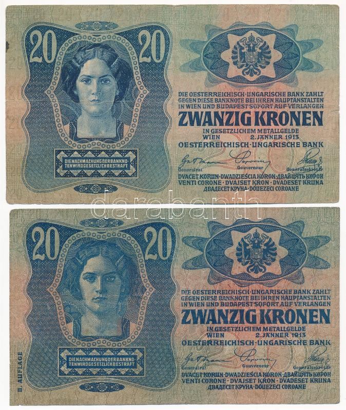 1913. 20K (2xklf: I. és II. kiadás) mindkettő piros 'MAGYARORSZÁG' felülbélyegzéssel T:III Adamo K17B, K18B - Image 2