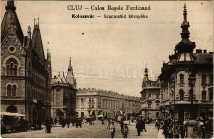 Kolozsvár, Cluj; Szamos híd környéke, gyógyszertár. Vasúti levelezőlapárusítás 9639. / Somes river bridge, street, pharmacy (fl)