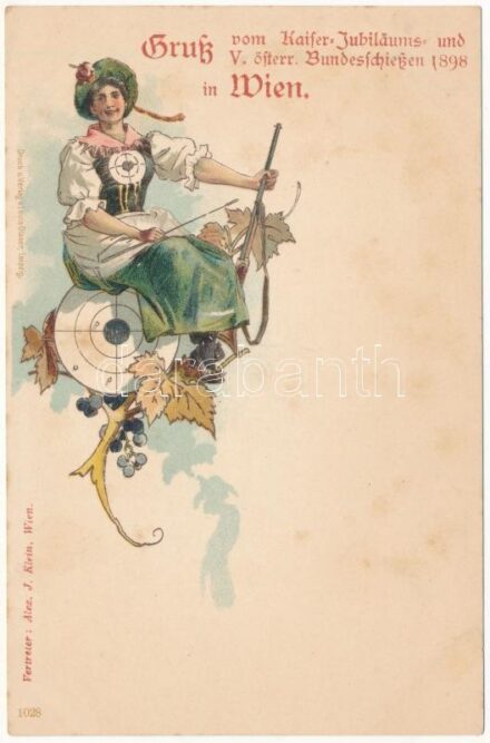 Gruß vom Kaiser-Jubiläums und V. österr. Bundesschießen 1898 in Wien / Austrian Federal Shooting Championship in Vienna, lady with rifle. Druck u. Verlag v. Louis Glaser. Art Nouveau, litho (fl)