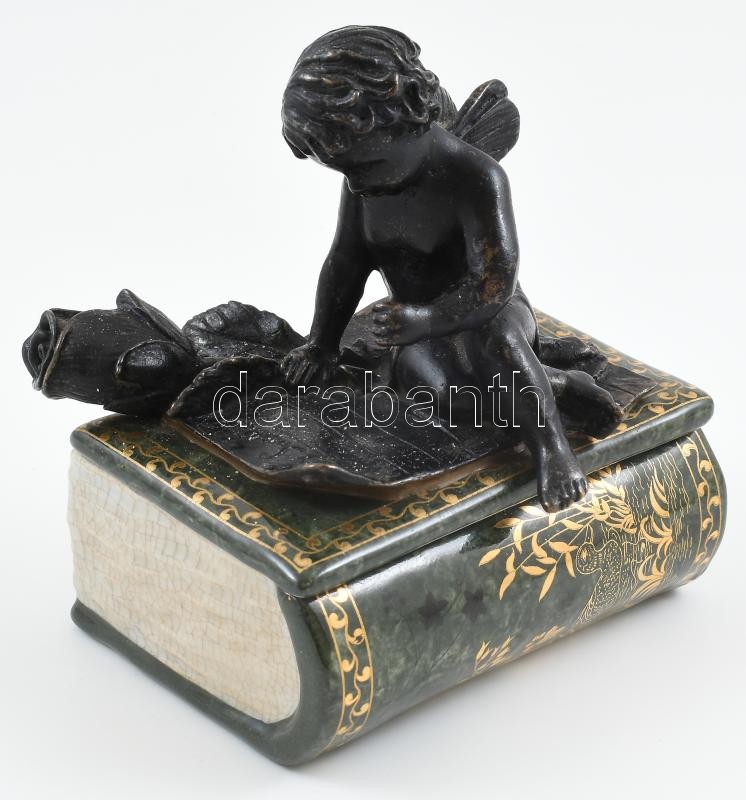 Tündéres bonbonier, porcelán, tetején bronz figura, jelzett, antikolt, m: 16 cm