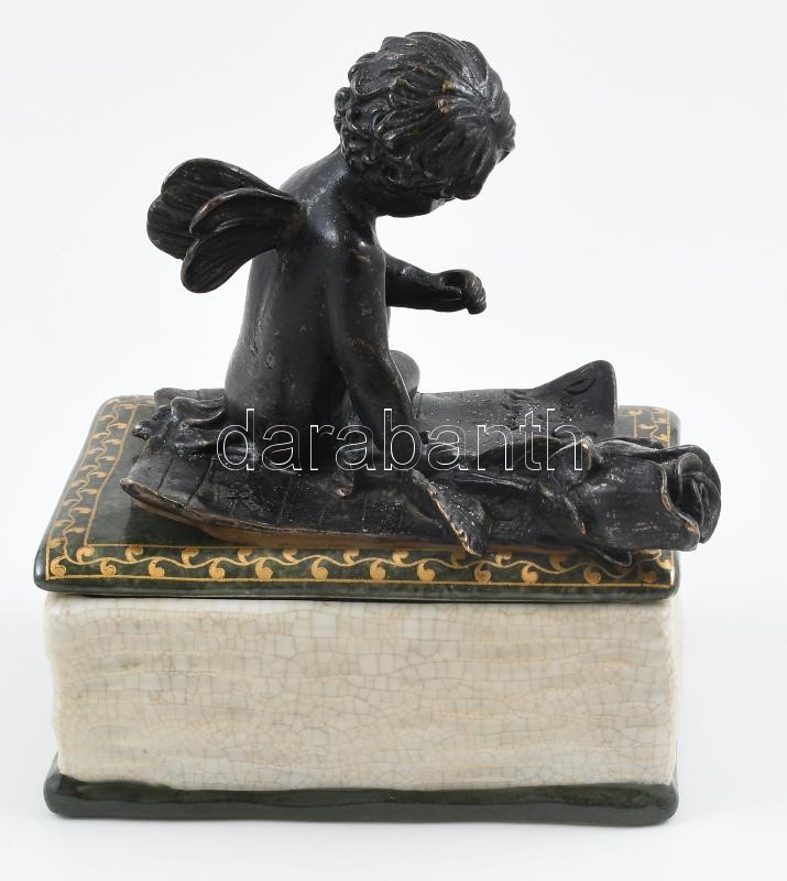 Tündéres bonbonier, porcelán, tetején bronz figura, jelzett, antikolt, m: 16 cm - Image 2