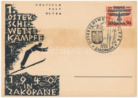 1940 1. Oster-Schi-Wettkämpfe in Zakopane (Deutsche Post Osten) / First ski-event held in Zakopane, winter sport + 'General Gouvernement' eagle/swastika stamp + 'Osterschiwettkämpfe Zakopane' So. Stpl. (fl)