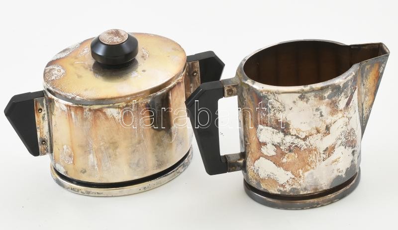 Berndorf jelzett, Art Deco szerviz készlet, tálca, tejkiöntő, cukortartó, ezüstözött, bakelit füllel. - Image 3