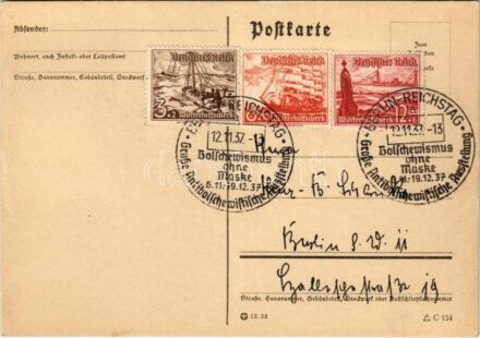 1937 Berlin Reichstag Große Antibolschewistische Ausstellung 'Bolschewismus ohne Maske' / NSDAP German Nazi Party propaganda + So. Stpl. (EB)