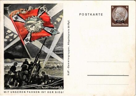 Mit unseren Fahnen ist der Sieg! KdF Sammlergruppen / WWII NSDAP German Nazi Party propaganda, swastika flag s: Axster-Heudtlaß (fl)