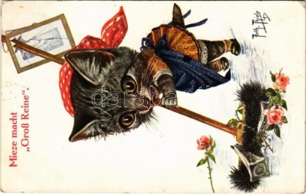 1914 Mieze macht 'Gross Reine' / Macskalány takarít / Cat girl is cleaning. T.S.N. Serie 1424. s: Arthur Thiele