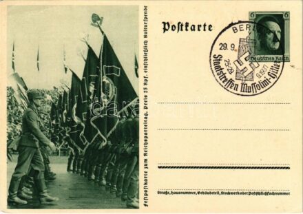 Festpostkarte zum Reichsparteitag / Nuremberg Rally, NSDAP German Nazi Party propaganda; 6 Ga. + 'Staatstreffen Mussolini-Hitler 29. 9. 1937 Berlin' So. Stpl. (EK)