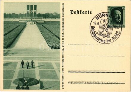 Festpostkarte zum Reichsparteitag / Nuremberg Rally, NSDAP German Nazi Party propaganda, swastika flags; 6 Ga. Adolf Hitler + 'NÜRNBERG Reichsparteitag der NSDAP 6. 9. 1937' So. Stpl. (EK)