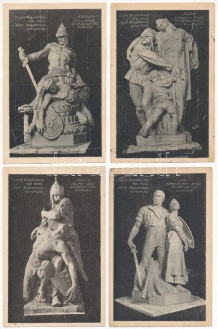 Budapest V. Szabadság tér, Trianon szoborcsoport, irredenta - 4 db régi lap Észak, Dél, Kelet, Nyugat szobraival. A Pesti Hírlap kiadása / 4 pre-1945 postcards Hungarian irredenta statues