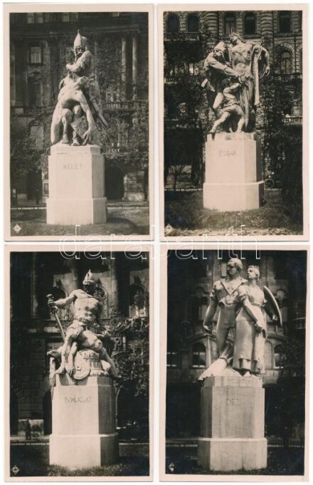 Budapest V. Szabadság tér, Trianon szoborcsoport, irredenta - 4 db régi lap Észak, Dél, Kelet, Nyugat szobraival / 4 pre-1945 postcards Hungarian irredenta statues