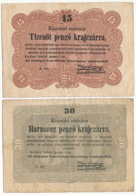 1849. 15kr + 30kr 'Kossuth bankó' T:III,III- Adamo G102, G103