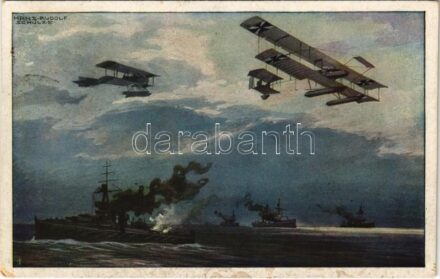 1915 Wasserflugzeuge über der englischen Flotte. Deutscher Luftflotten-Verein / WWI Imperial German Navy (Kaiserliche Marine) art postcard, naval aircrafts, seaplanes over the English fleet s: Hans Rudolf Schulze (EK)