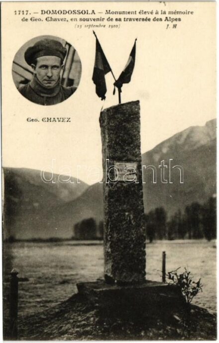 Domodossola, Monument élevé a la mémoire de Geo. Chavez, en souvenir de sa traversée des Alpes (23 septembre 1910) / monument in memory of Geo Chavez, French-Peruvian aviator, who died there after achieving the first air crossing of the Pennine