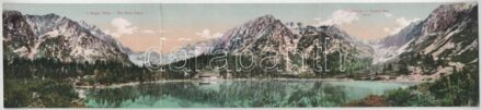 Tátra, Vysoké Tatry; Poprádi tó. Három részes kihajtható panorámalap / Popradské pleso / lake. 3-tiled folding panoramacard