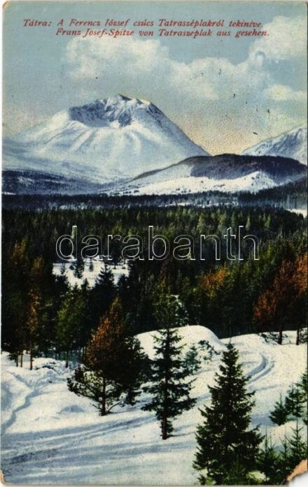 1918 Tátraszéplak, Tatranska Polianka, Westerheim (Magas-Tátra, Vysoké Tatry); A Ferenc József-csúcs Tátraszéplakról tekintve. Cattarino S. utóda Földes Samu kiadása 25. sz. Dr. Guhr felvétele / Franz Josef-Spitze von Tátraszéplak