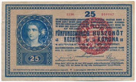 1918. 25K '1136' 2mm, hullámos hátlappal, piros 'MAGYARORSZÁG' felülbélyegzéssel T:III Adamo K22B